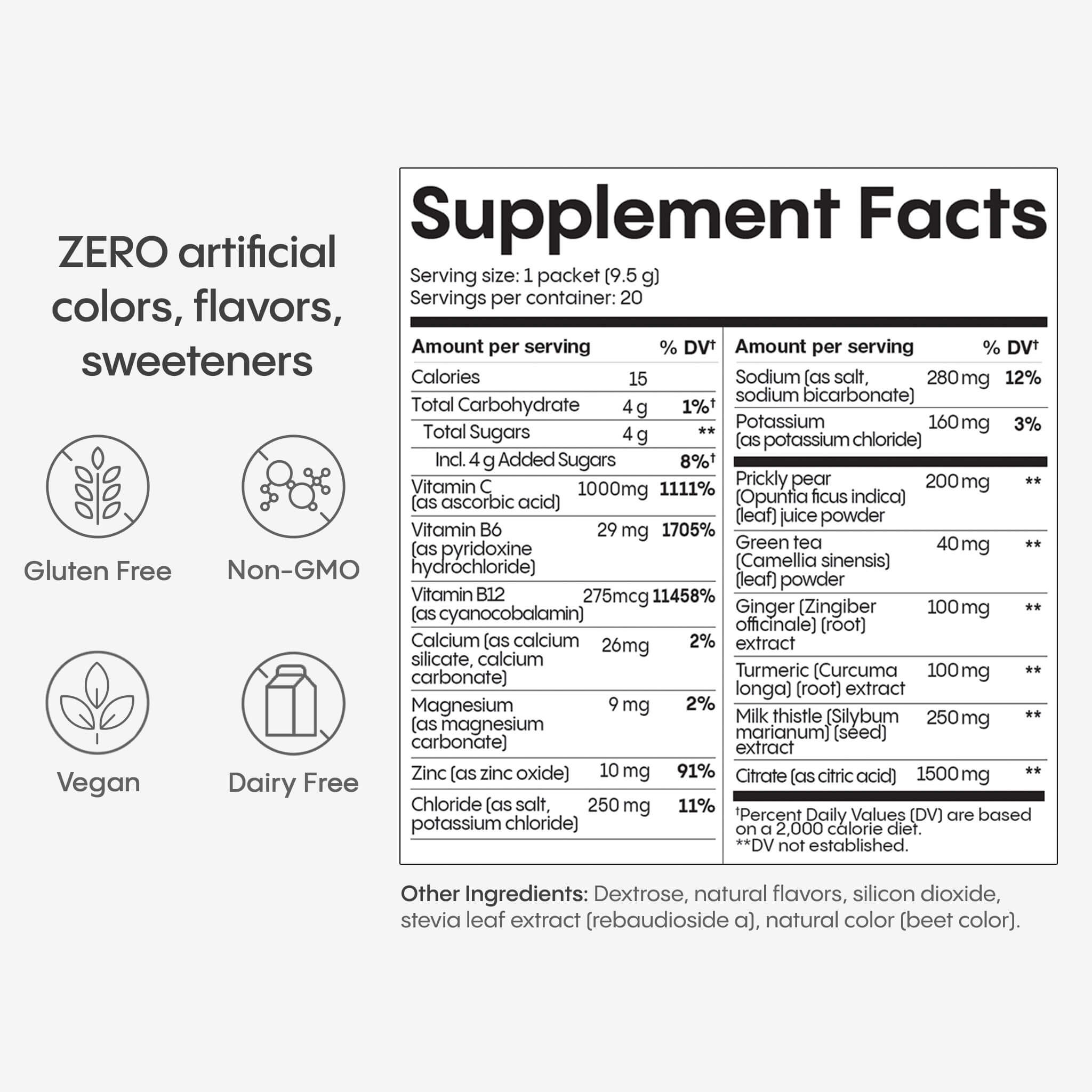 Supplement facts label. Zero artificial colors, flavors and sweeteners.