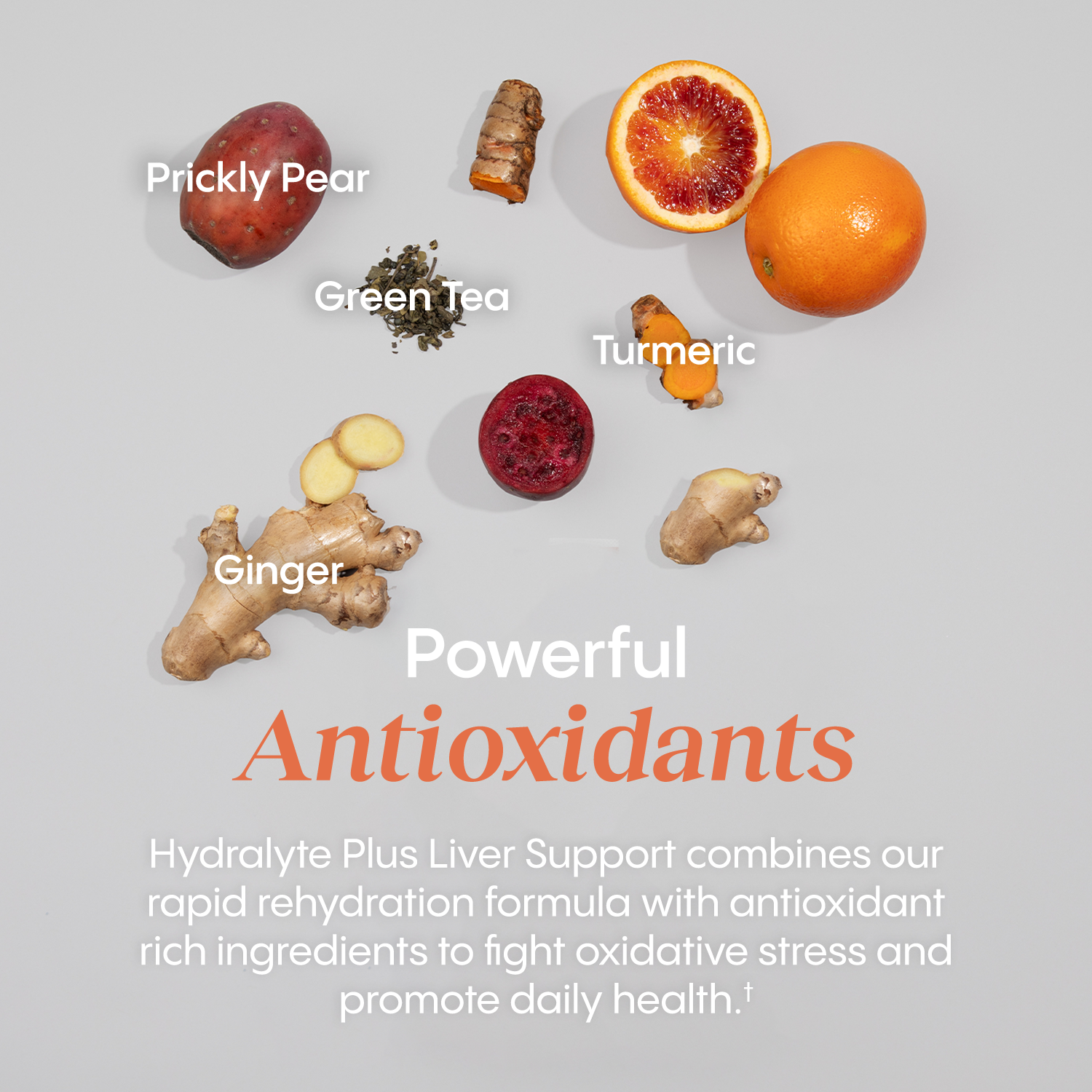 Collection of health ingredients including prickly pear, green tea, turmeric, ginger, and blood orange on a gray background. Powerful antioxidants.