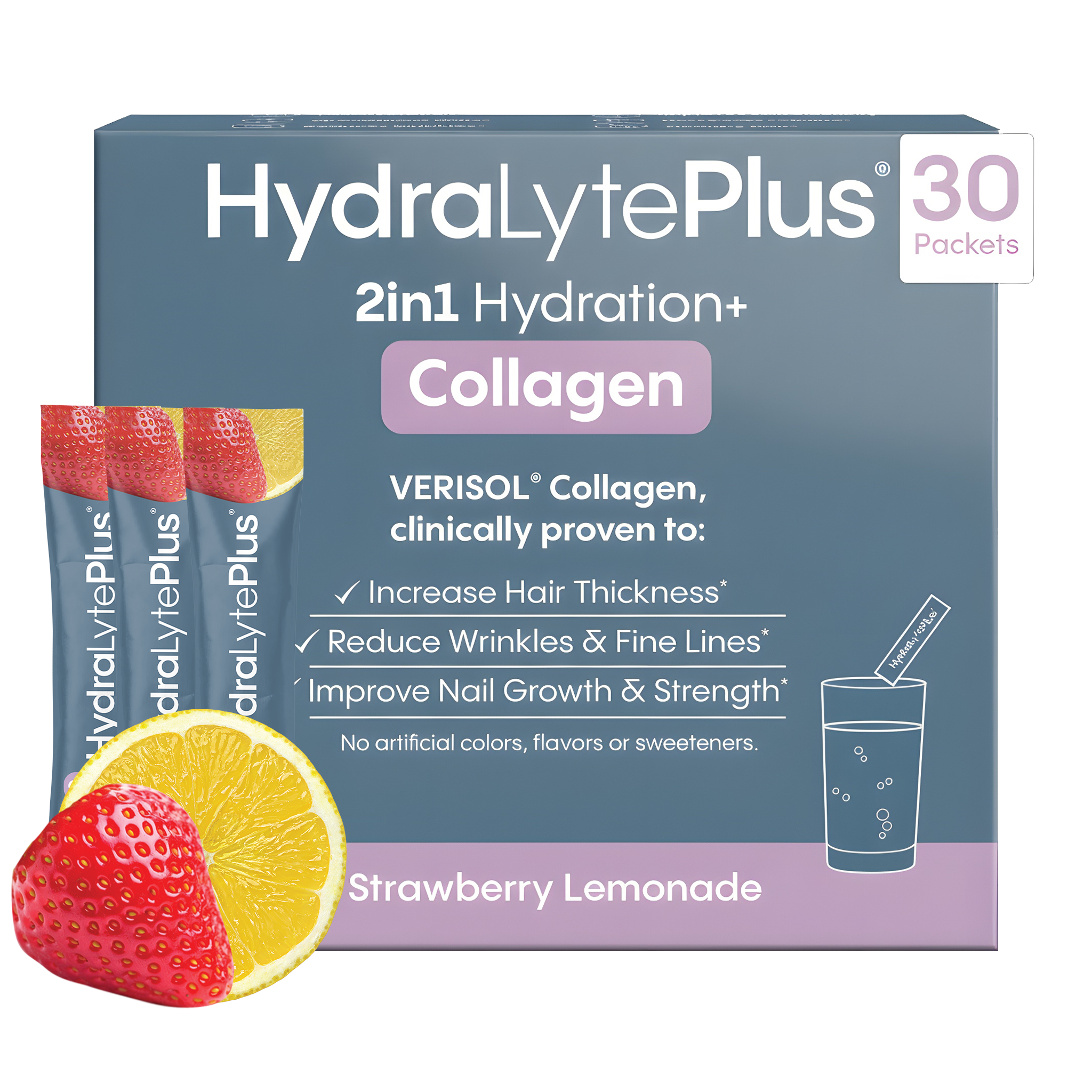 HydraLytePlus 2in1 Hydration+ Collagen package with strawberry lemonade flavor on a white background