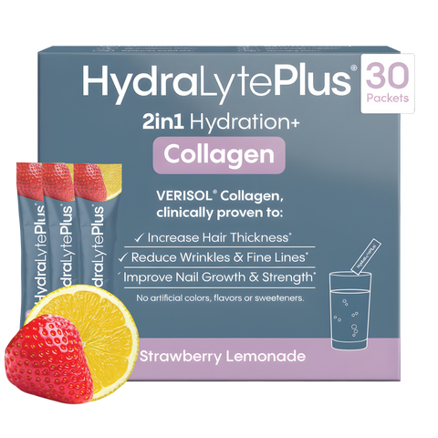 HydraLytePlus 2in1 Hydration+ Collagen package with strawberry lemonade flavor on a white background