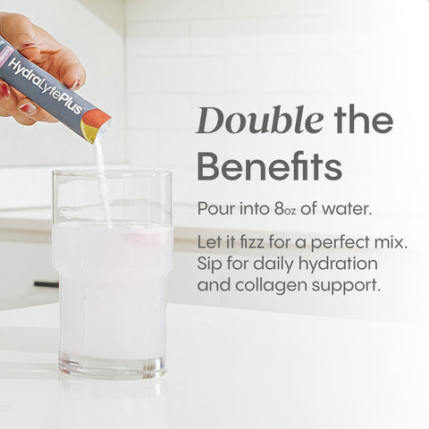 HydraLyte Plus Collagen double the benefits. Pour into 8oz of water. Let it fizz for a perfect mix. Sip for daily hydration and collagen support.