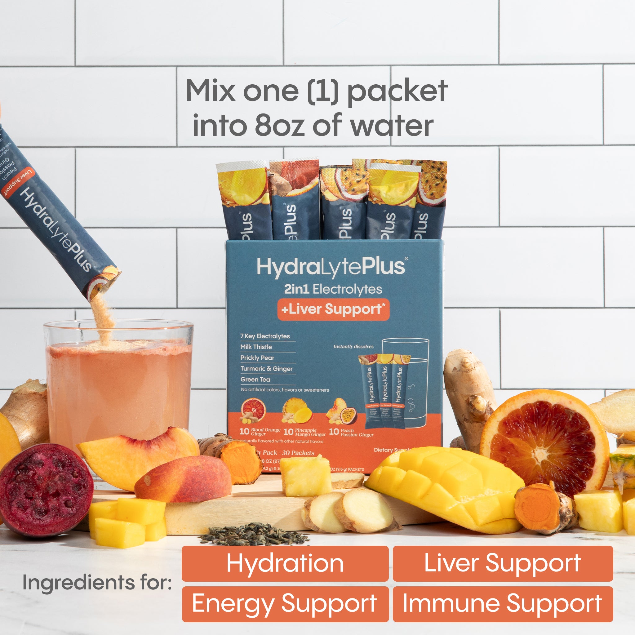 HydraLyte Plus 2in1 Electrolytes + Liver Support. Mix 1 packet into 8oz of water. Ingredients for hydration, energy support, liver support and immune support.