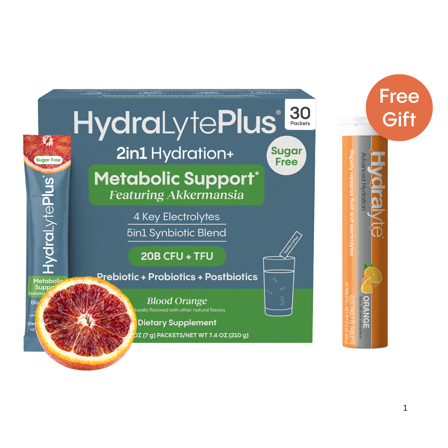 HydraLytePlus metabolic support package with a blood orange and a free gift offer HydraLyte Orange Tablets.