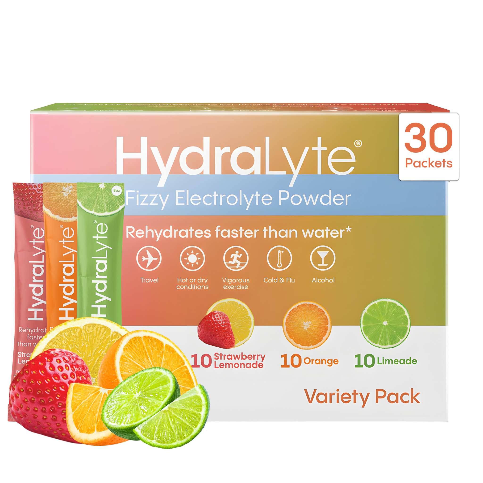HydraLyte Fizzy Electrolyte Powder variety pack strawberry lemonade flavor, orange flavor, limeade flavor. 30 packets