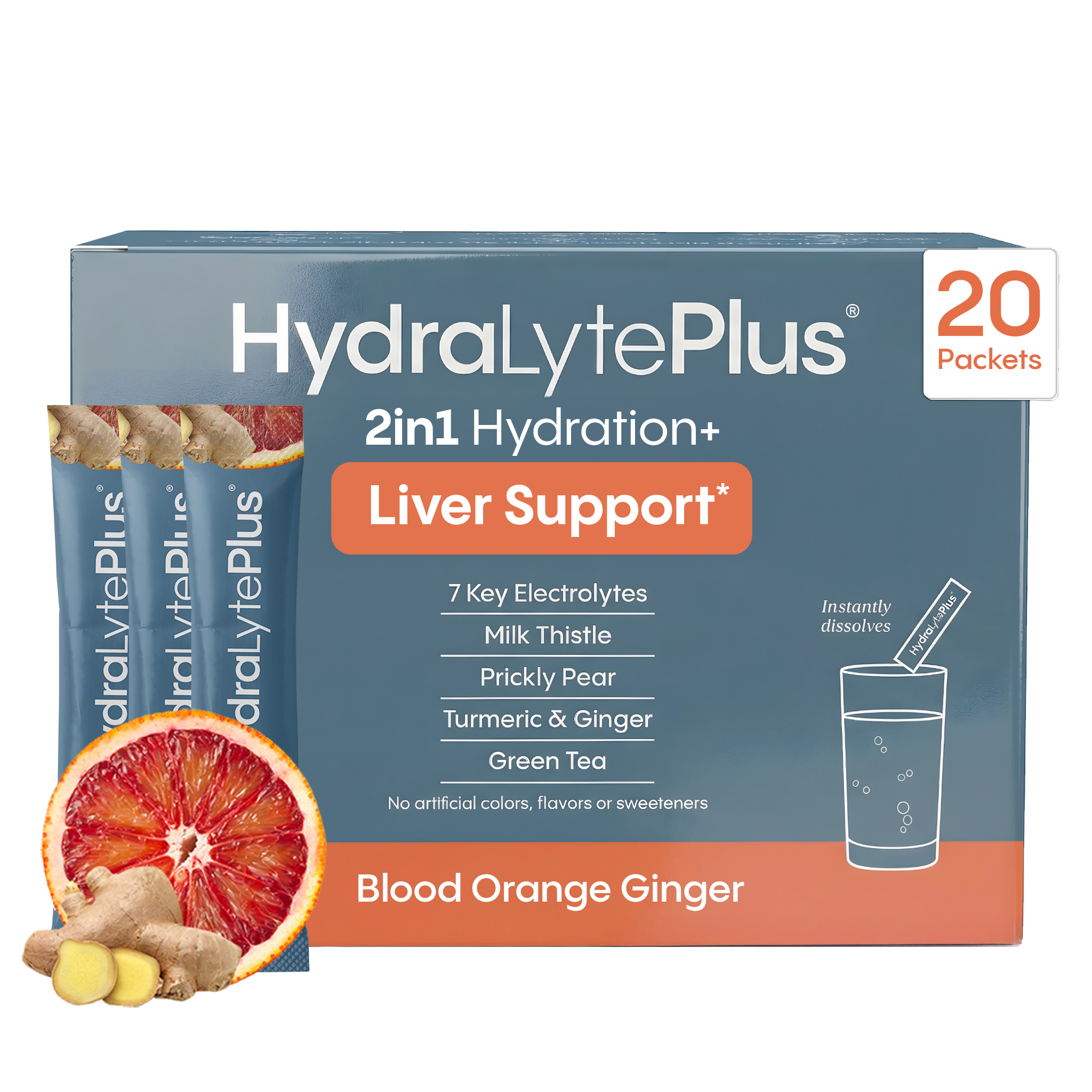 HydraLytePlus 2in1 Hydration+ Liver Support packaging with blood orange ginger flavor on a white background