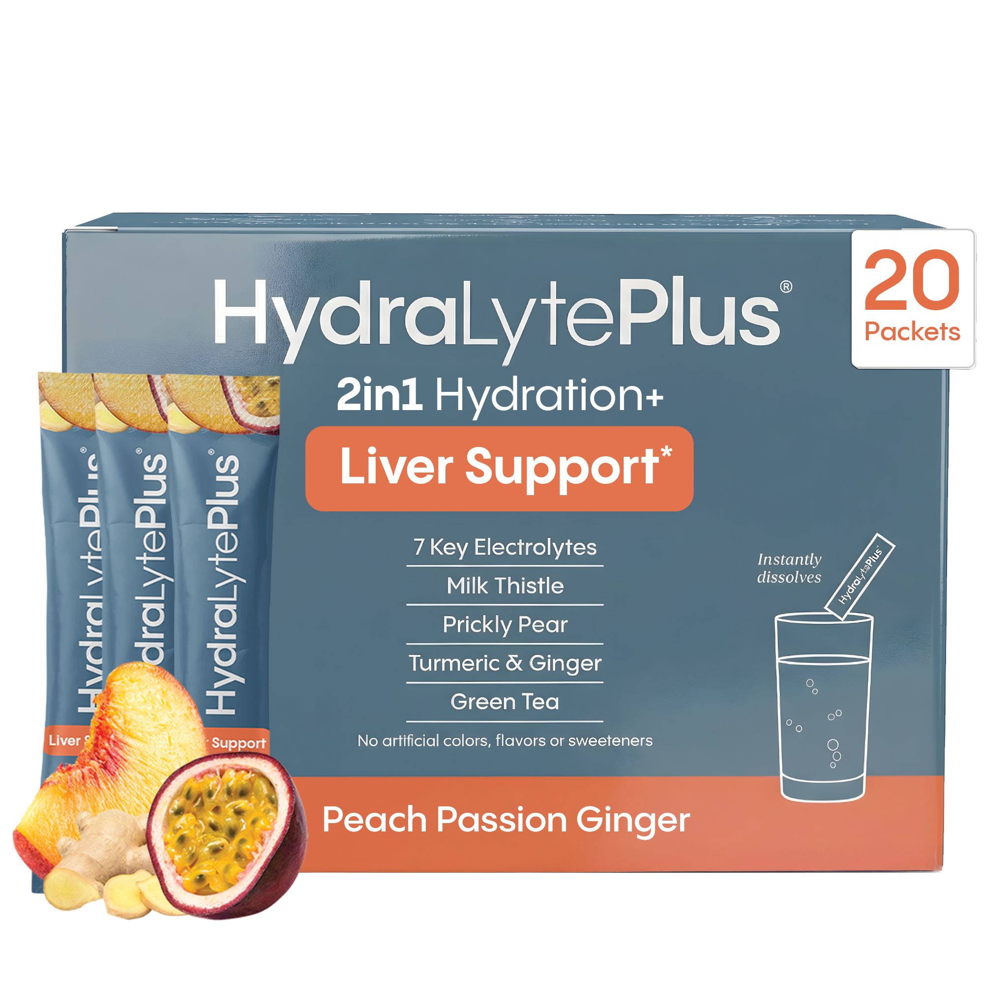 HydraLytePlus 2in1 Hydration+ Liver Support packaging with peach passion ginger flavor on a white background