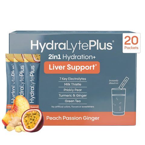 HydraLytePlus 2in1 Hydration+ Liver Support packaging with peach passion ginger flavor on a white background