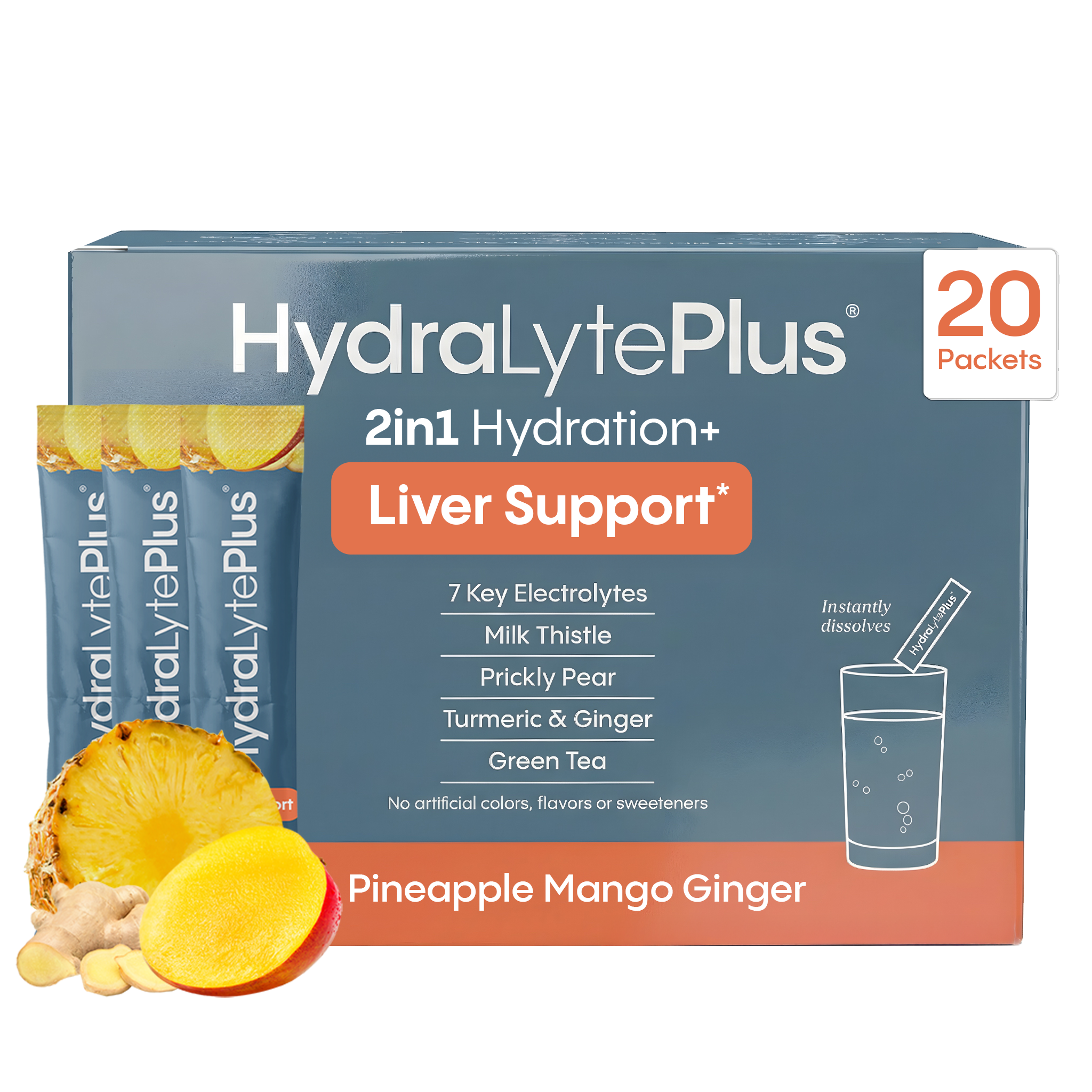 HydraLytePlus 2in1 Hydration+ Liver Support pineapple mango ginger. 20 packets