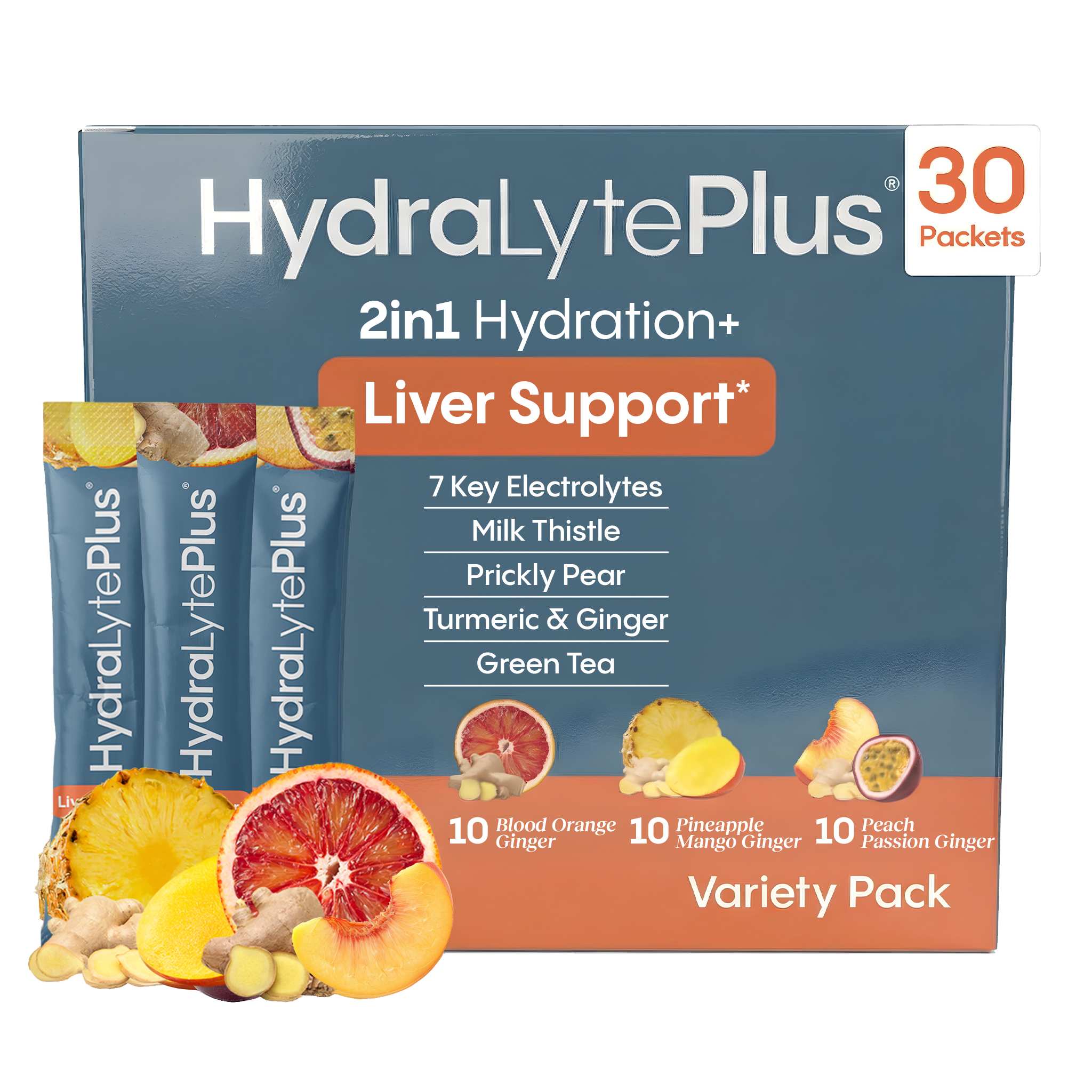 HydraLytePlus 2in1 Hydration+ Liver Support Variety Pack. Blood orange, pineapple mango ginger, peach passion ginger. 30 Packets.