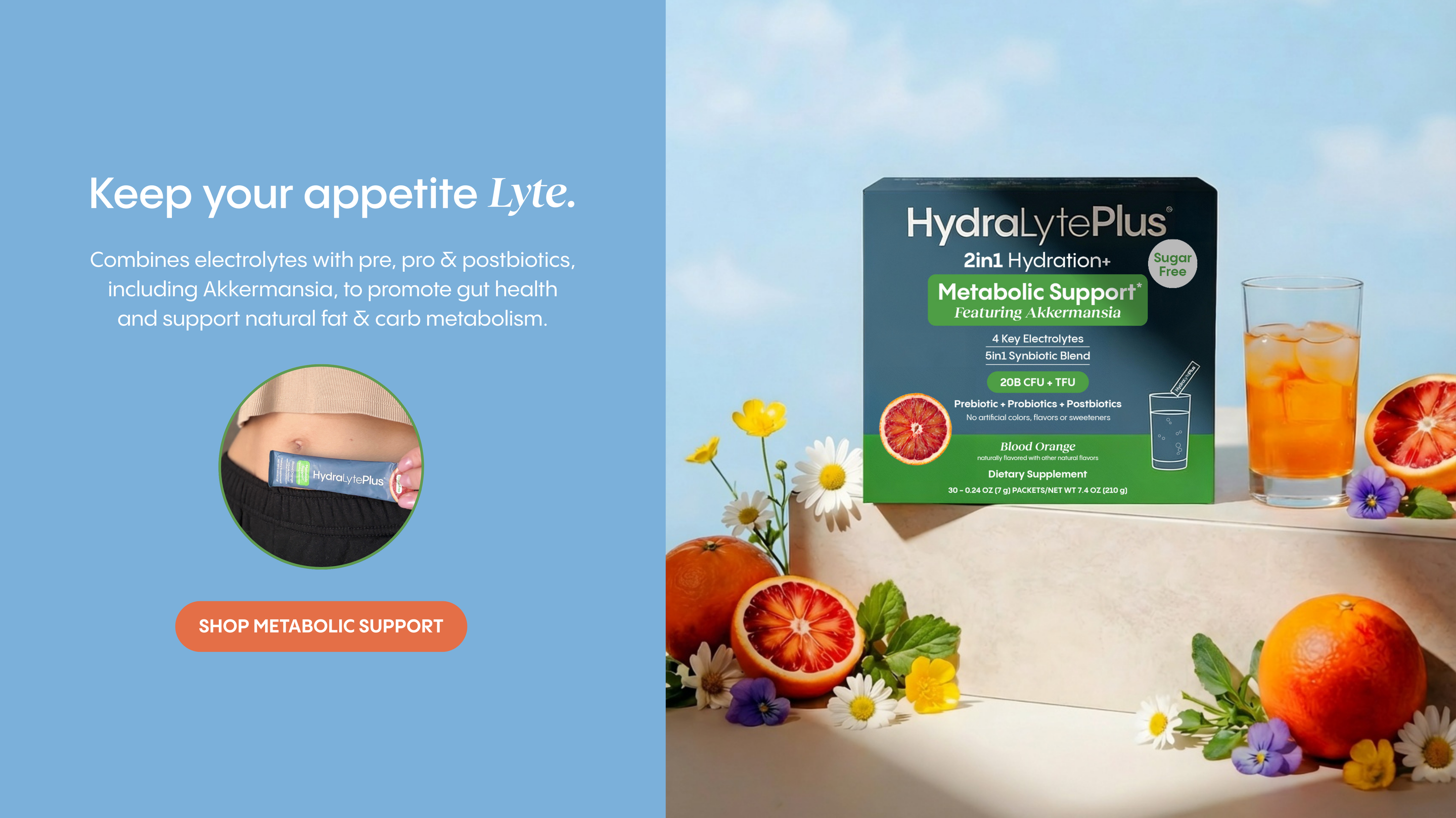 HydraLytePlus metabolic support product with fruits and flowers on a light background