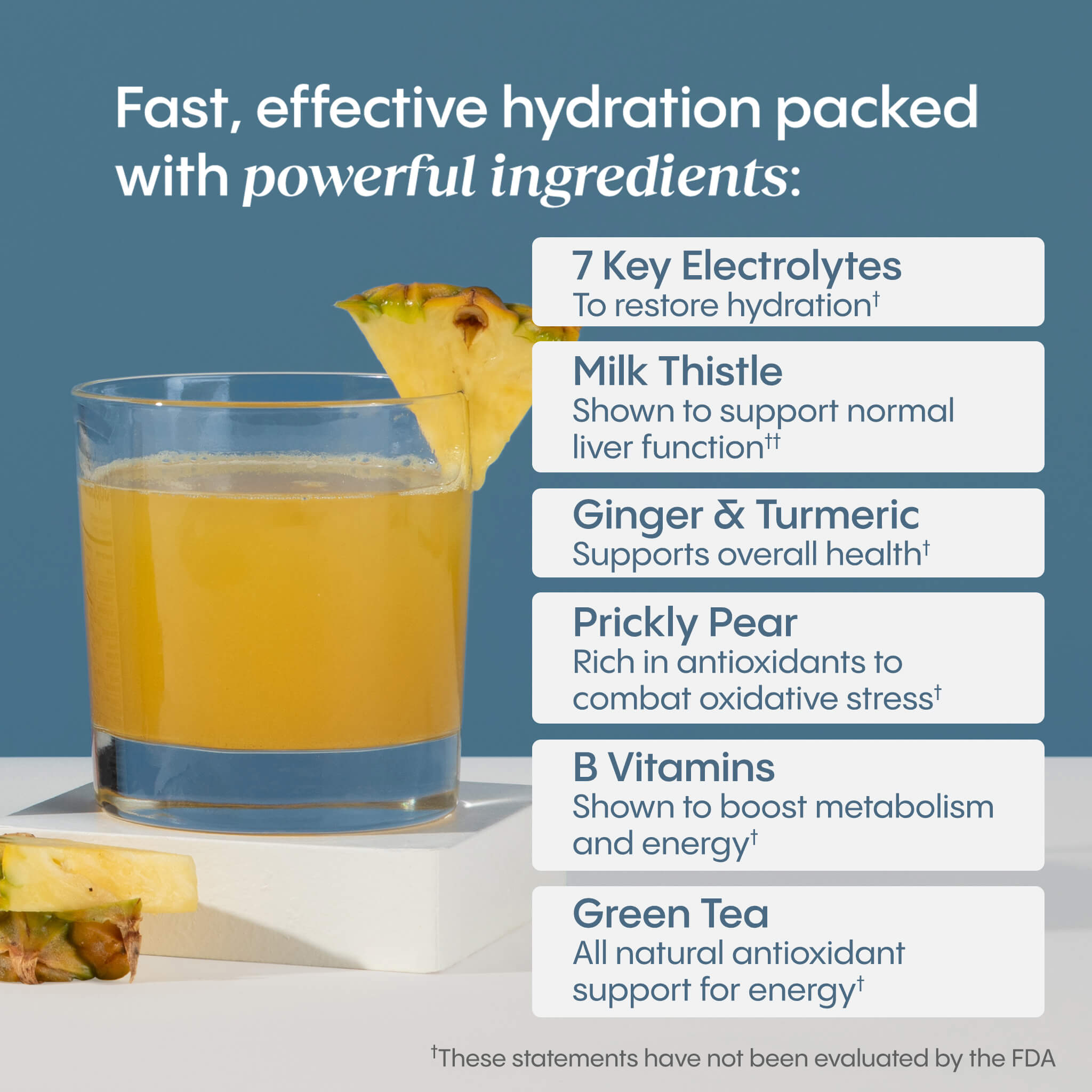 Fast, effective hydration packed with powerful ingredients. 7 Key electrolytes, milk thistle, ginger & turmeric, prickly pear,  b vitamins, green tea.