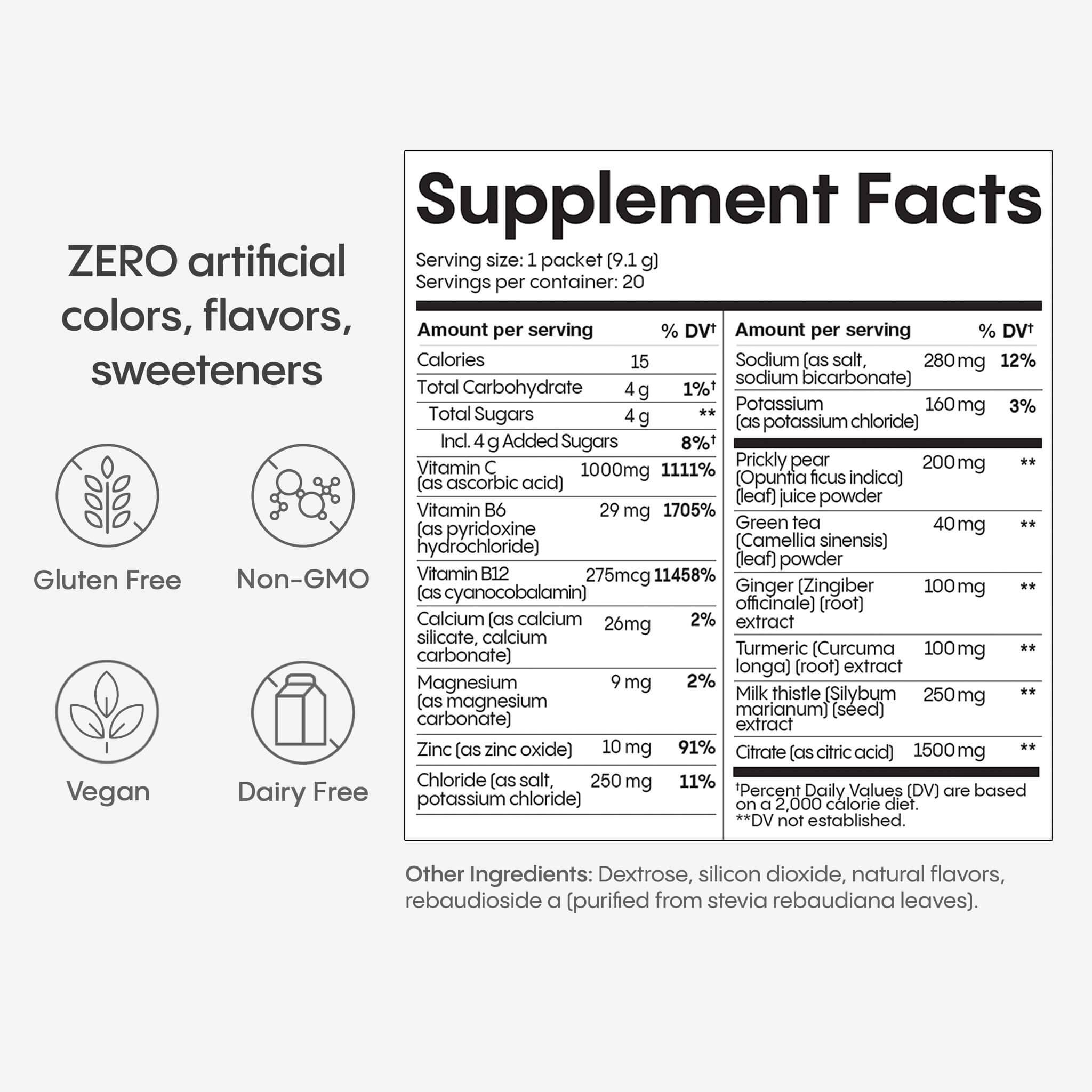 Supplement facts label. Zero artificial colors, flavors and sweeteners.