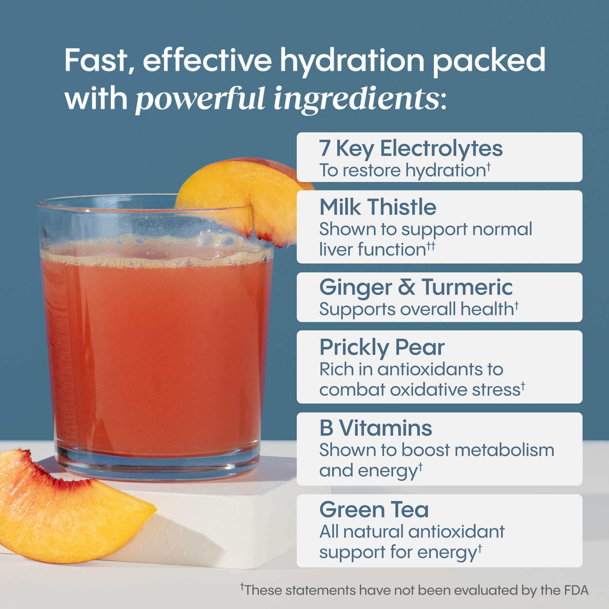 Fast, effective hydration packed with powerful ingredients. 7 Key electrolytes, milk thistle, ginger & turmeric, prickly pear,  b vitamins, green tea.