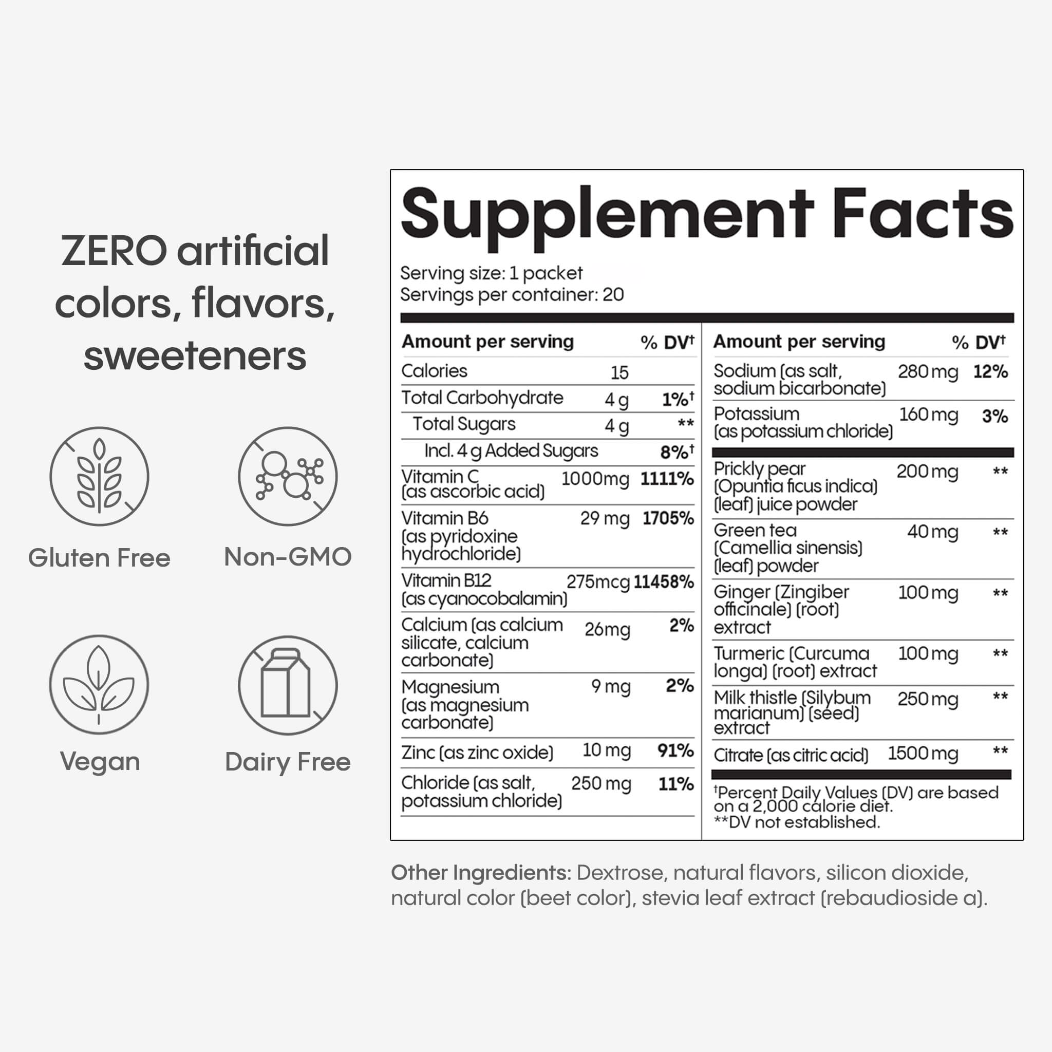 Supplement facts label. Zero artificial colors, flavors and sweeteners.