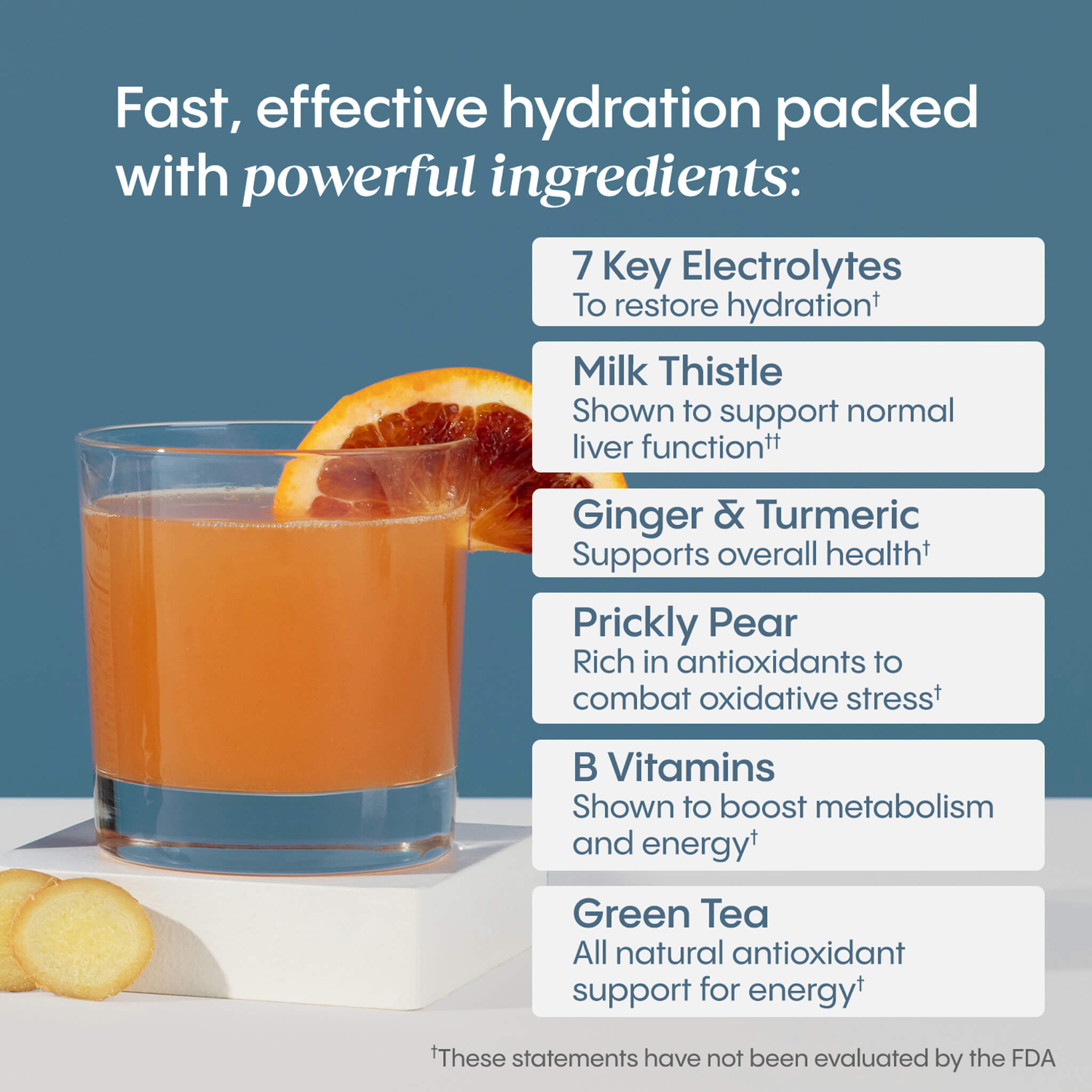Fast, effective hydration packed with powerful ingredients. 7 Key electrolytes, milk thistle, ginger & turmeric, prickly pear,  b vitamins, green tea.