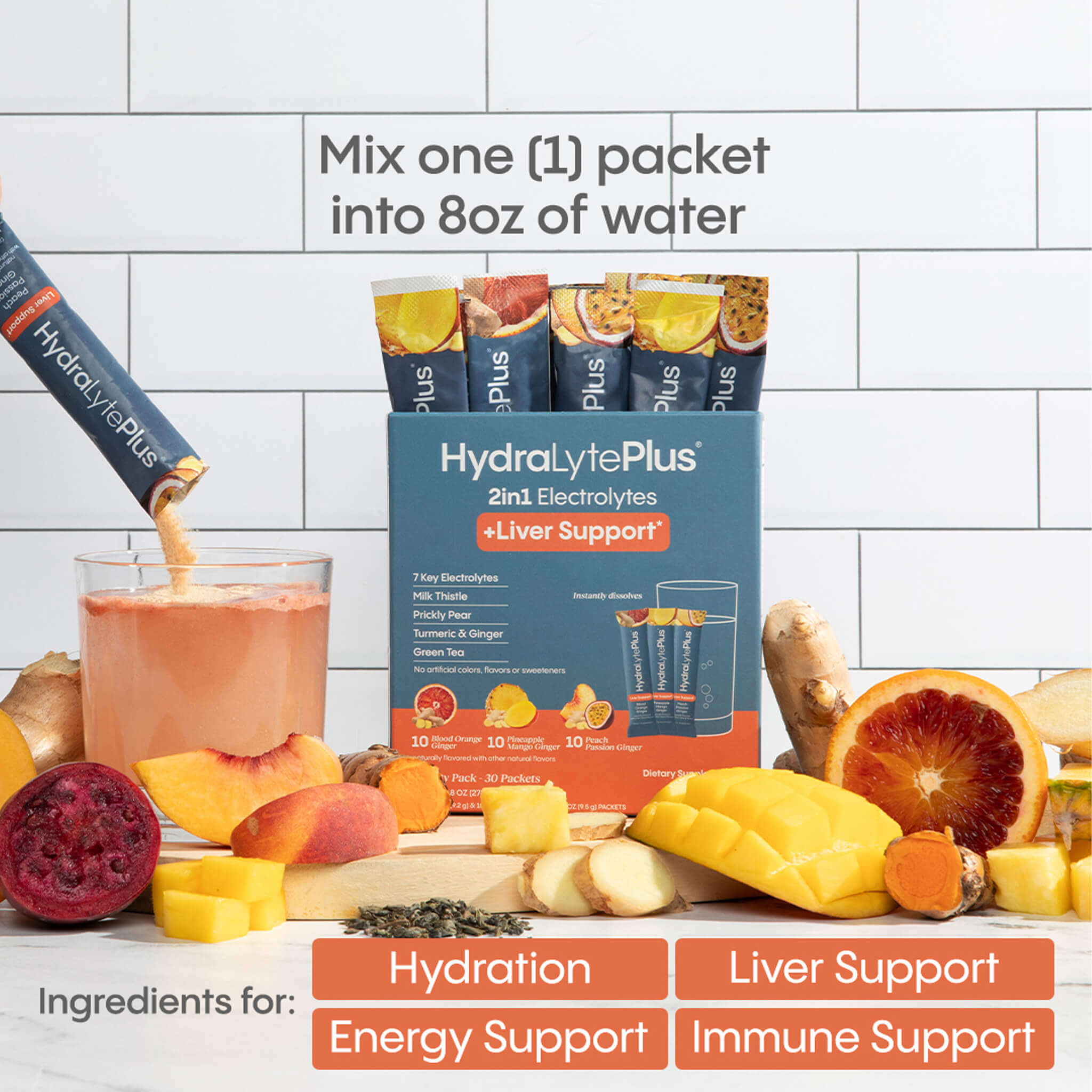 HydraLyte Plus 2in1 Electrolytes + Liver Support. Mix 1 packet into 8oz of water. Ingredients for hydration, energy support, liver support and immune support.