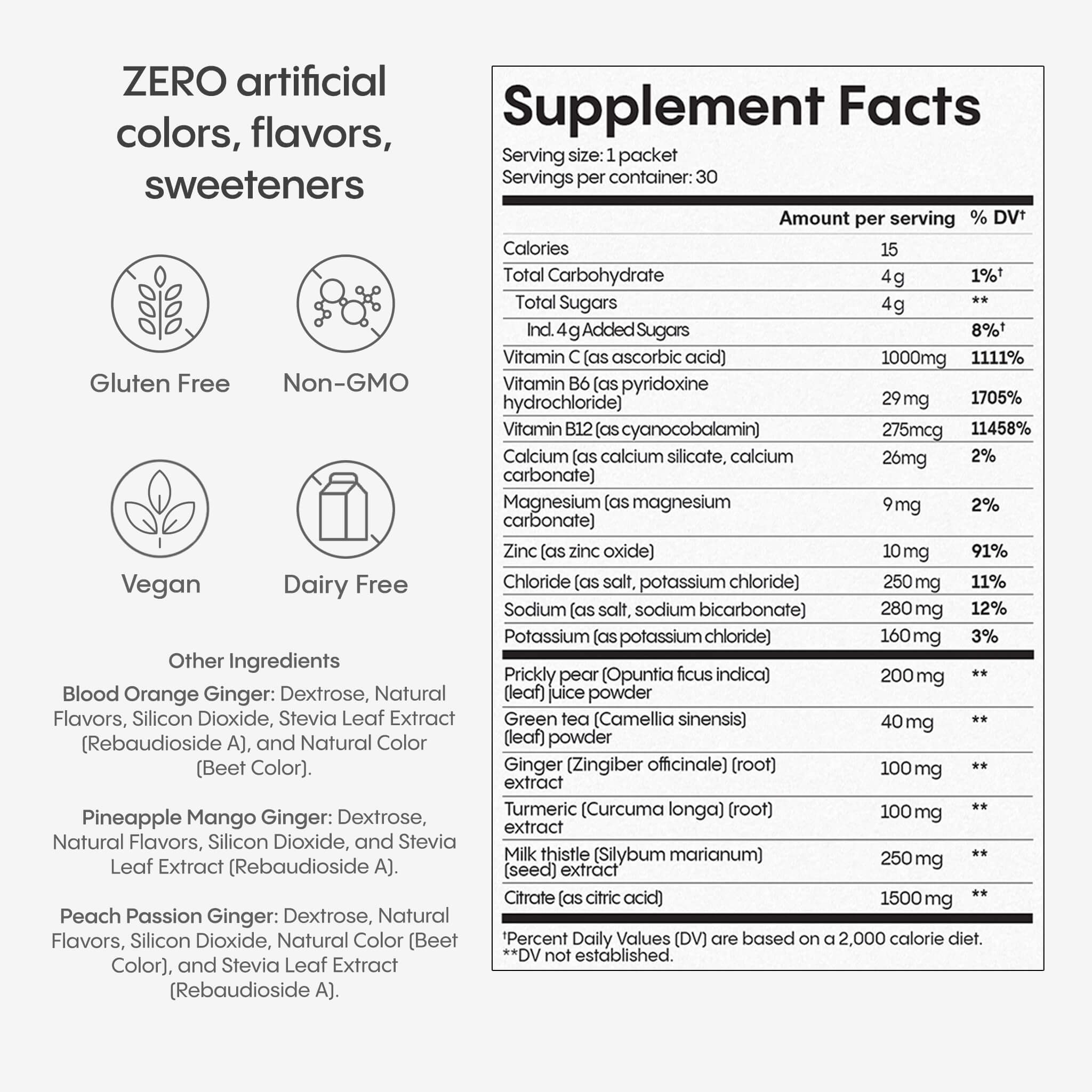 Supplement facts label. Zero artificial colors, flavors and sweeteners.