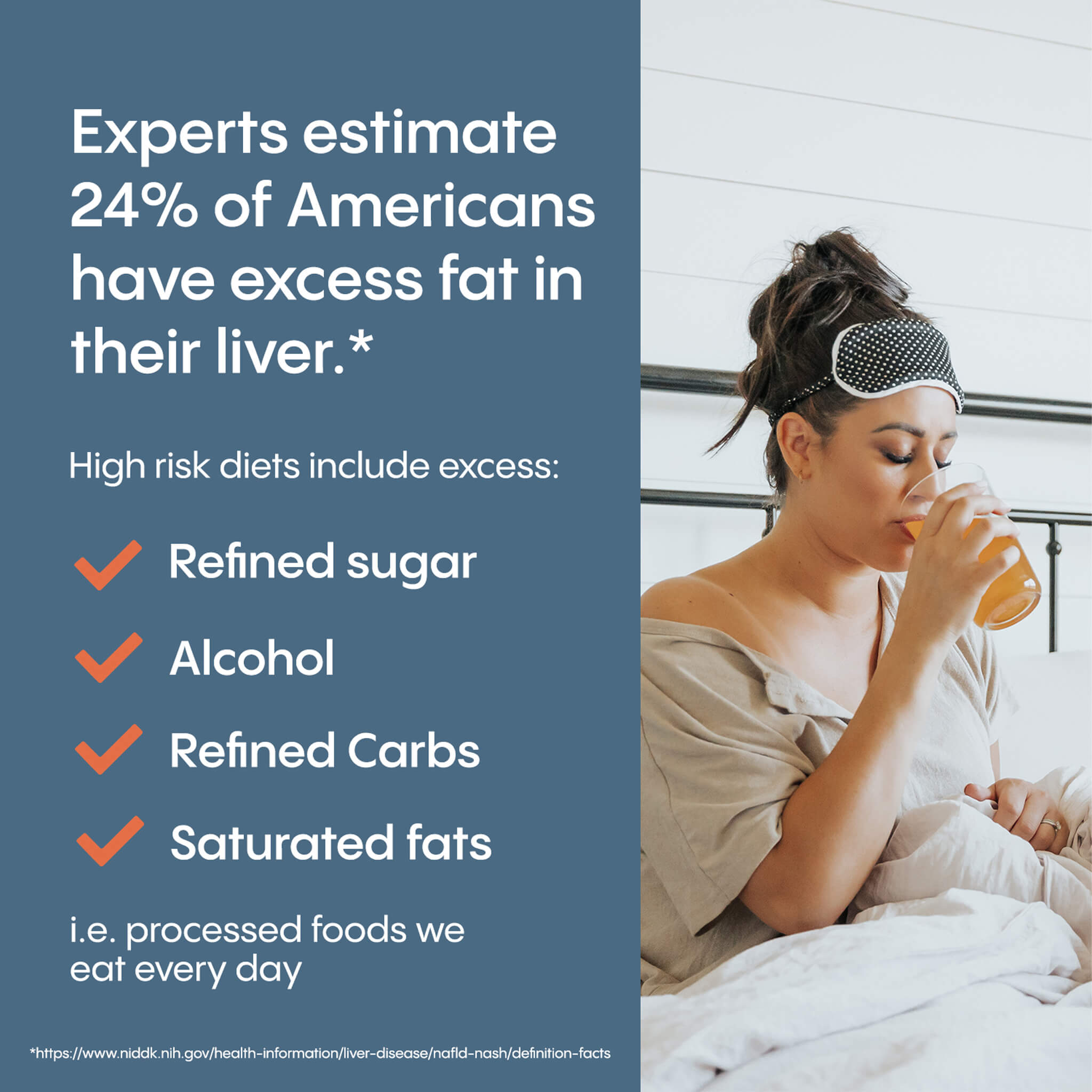 Woman drinking HydraLyte  in bed with health information about liver fat on the side. Experts estimate 24% of Americans have excess fat in their liver.